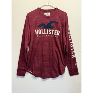 Hollister Long Sleeve T-Shirt Graphic Logo Large Burgundy Women Y2K 100% Cotton